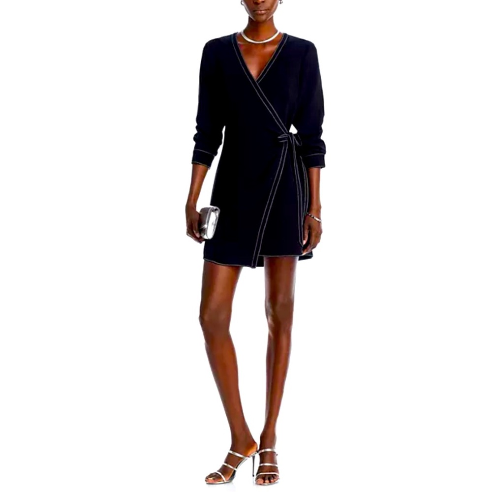 Cinq a Sept Chelsea Mini Wrap Dress Black White Lined Romantic Luxury Sz 4 US
